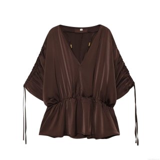 Women's Elegant Satin V-Neck Blouse Ruched Drawstring Short Batwing Sleeve Slim Fit Polyester Spandex Top For Office Party Daily Casual