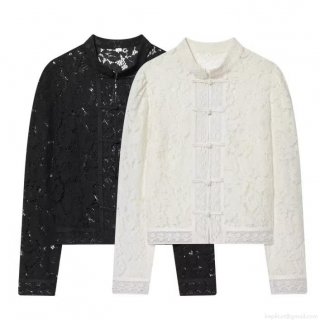 Women's Retro Lace Crochet Blouse With Chinese Buttons Elegant Stand Collar Long Sleeve Party Shirt Top White Black