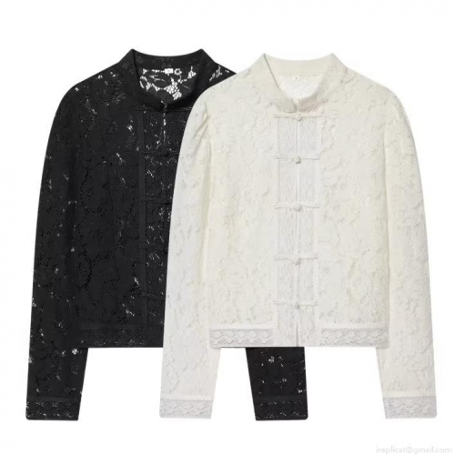 Women's Retro Lace Crochet Blouse With Chinese Buttons Elegant Stand Collar Long Sleeve Party Shirt Top White Black