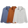 Women's Elegant Satin Button Down Shirt Long Sleeve Solid Color Glossy Blouse For Office Party Casual Wear High Quality Polyester Tops