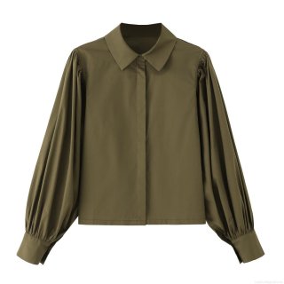 Women's Elegant 100% Cotton Poplin Blouse Army Green Turn-down Collar Lantern Long Sleeve Shirt Solid Color Casual Loose Top for Women