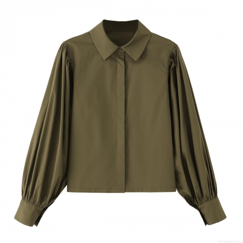 Women's Elegant 100% Cotton Poplin Blouse Army Green Turn-down Collar Lantern Long Sleeve Shirt Solid Color Casual Loose Top for Women