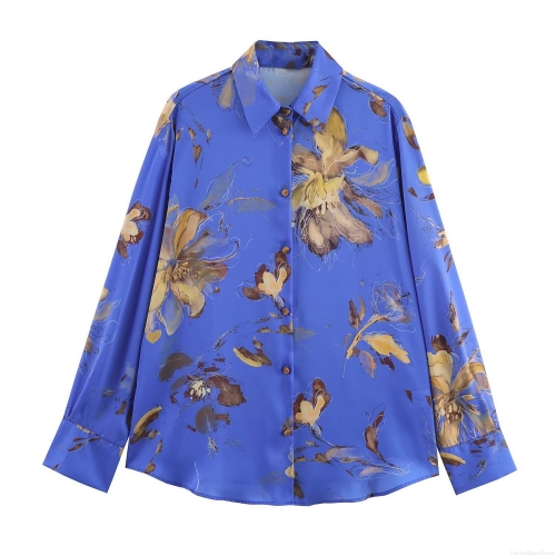 Women's Floral Print Satin Texture Blouse Elegant Long Sleeve Turn-down Collar Button Down Shirt Loose Casual Blue Flower Top For Daily Work