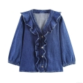Women's Ruffle Denim Shirt Long Sleeve Button Up Blouse Casual Sweet Style Washed Blue Denim Top For Autumn Spring Women Apparel