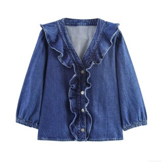 Women's Ruffle Denim Shirt Long Sleeve Button Up Blouse Casual Sweet Style Washed Blue Denim Top For Autumn Spring Women Apparel