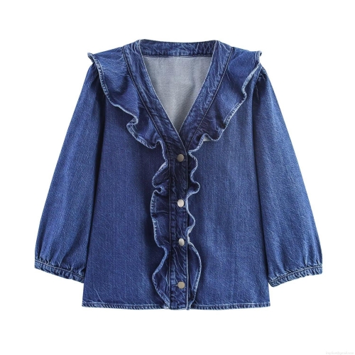 Women's Ruffle Denim Shirt Long Sleeve Button Up Blouse Casual Sweet Style Washed Blue Denim Top For Autumn Spring Women Apparel