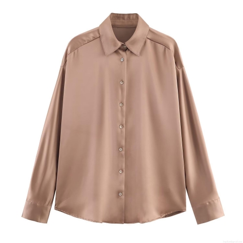 Women's Elegant Satin Blouse Silk Texture Long Sleeve Button Down Shirt Loose Fit Solid Color Camel Bronze Top For Office Commute Daily Wear