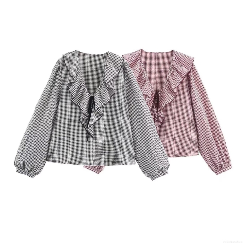 French Vintage Sweet Women's Gingham Ruffle Blouse Long Sleeve Layered V-Neck Tie Bow Top Polyester Spandex Casual Office Plaid Shirt