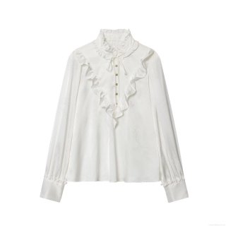 Elegant French Retro Jacquard Satin Blouse for Women Featuring Ruffle Stand Collar and Tie-Neck Vintage Long Sleeve Shirt for Office Work Party