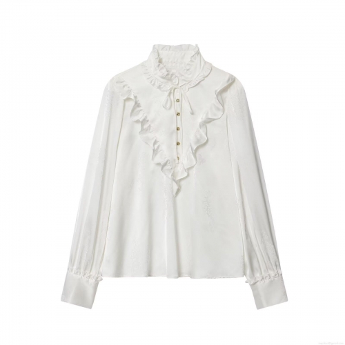 Elegant French Retro Jacquard Satin Blouse for Women Featuring Ruffle Stand Collar and Tie-Neck Vintage Long Sleeve Shirt for Office Work Party