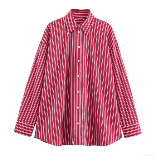 Women's Striped Plaid Poplin Shirt Casual Loose Long Sleeve Lapel Button Up Blouse For Daily Office Work Soft Comfortable Tops