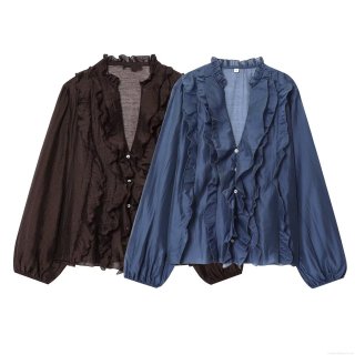 Women's Ruffle V Neck Blouse Polyester Spandex Tencel Fabric Casual Loose Long Lantern Sleeve Shirt For Daily Dating Commuting Autumn Fashion Elegant Solid Polka Dot Tops