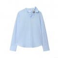 Women's Elegant Light Blue Long Sleeve Blouse With Bow Tie Decoration Gold Metal Ring Sweet Style Poplin Shirt For Office Work Casual Wear Autumn Fashion Tops