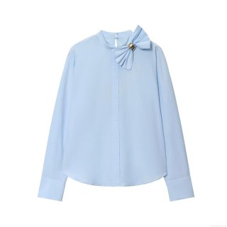 Women's Elegant Light Blue Long Sleeve Blouse With Bow Tie Decoration Gold Metal Ring Sweet Style Poplin Shirt For Office Work Casual Wear Autumn Fashion Tops