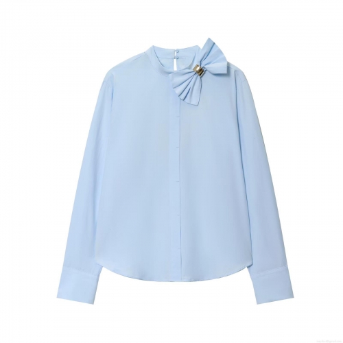 Women's Elegant Light Blue Long Sleeve Blouse With Bow Tie Decoration Gold Metal Ring Sweet Style Poplin Shirt For Office Work Casual Wear Autumn Fashion Tops