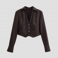 Women Fashion Striped Cropped Shirt Jacket 100% Polyester Long Sleeve V-Neck Shoulder Padded Blouse Casual Daily Office Streetwear Chic Style