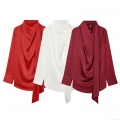 Elegant Satin Scarf Collar Blouse For Women Solid Color Long Sleeve Pullover Shirt Fashion Office Lady Draped Neck Tops For Daily Party Dating