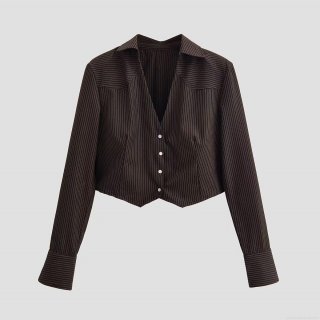 Women's Striped Cropped Blazer Shirt Long Sleeve V-Neck Padded Shoulder 100% Polyester Top Casual Office Wear Elegant Blouse For Women