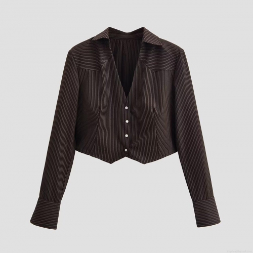 Women's Striped Cropped Blazer Shirt Long Sleeve V-Neck Padded Shoulder 100% Polyester Top Casual Office Wear Elegant Blouse For Women