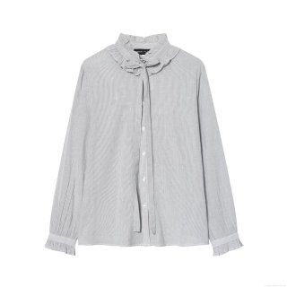 Women's Elegant Long Sleeve Striped Ruffle Shirt Retro Stand Collar Bow Tie Blouse Sweet Flare Sleeve Single Breasted Polyester Tops for Office Daily Wear