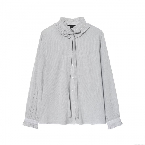 Women's Elegant Long Sleeve Striped Ruffle Shirt Retro Stand Collar Bow Tie Blouse Sweet Flare Sleeve Single Breasted Polyester Tops for Office Daily Wear