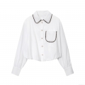 Women's Fashion Casual Poplin Shirt Long Sleeve With Pearl Beaded Detail Puff Sleeve Black Sequin Trim Single Breasted Solid White Top