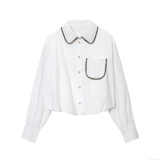 Women's Fashion Casual Poplin Shirt Long Sleeve With Pearl Beaded Detail Puff Sleeve Black Sequin Trim Single Breasted Solid White Top