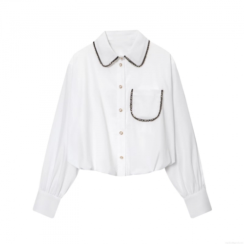 Women's Fashion Casual Poplin Shirt Long Sleeve With Pearl Beaded Detail Puff Sleeve Black Sequin Trim Single Breasted Solid White Top