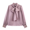 Elegant Satin Long Sleeve Blouse Women Bow Tie Pullover Shirt Solid Mauve Silk Texture Top With Decorative Gold Petal Buttons For Office Commute Party