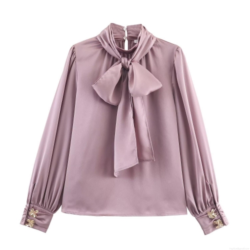 Elegant Satin Long Sleeve Blouse Women Bow Tie Pullover Shirt Solid Mauve Silk Texture Top With Decorative Gold Petal Buttons For Office Commute Party