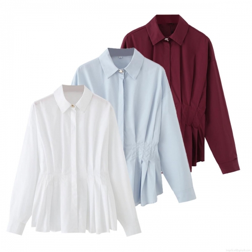 Women's 100% Cotton Poplin Pleated Waist Blouse Elegant Lapel Collar Long Sleeve Slim Fit Casual Shirt Office Lady Solid Color Top
