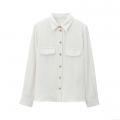Women's Elegant White Long Sleeve Blouse Minimalist Padded Shoulder Shirt With Gold Buttons Double Chest Pockets Crepe Fabric Office Top For Women