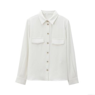 Women's Elegant White Long Sleeve Blouse Minimalist Padded Shoulder Shirt With Gold Buttons Double Chest Pockets Crepe Fabric Office Top For Women