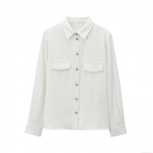 Women's Elegant White Long Sleeve Blouse Minimalist Padded Shoulder Shirt With Gold Buttons Double Chest Pockets Crepe Fabric Office Top For Women
