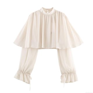 Women's Elegant Chiffon Blouse Long Sleeve Layered Shawl Decoration Stand Collar Lantern Sleeve Loose Short Shirt Top For Casual Daily Office Wear