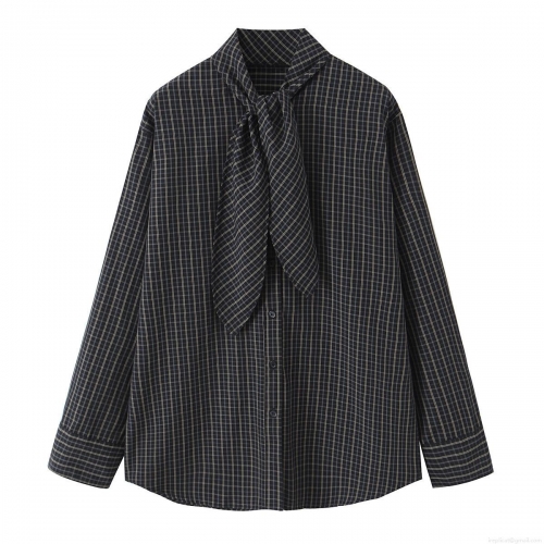 Women's Plaid Contrast Stripe Long Sleeve Shirt Bow Tie Collar Polyester Spandex Casual Blouse Top For Work Daily Autumn Winter Fashion