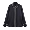 Women's Fashion Satin Texture Contrast Trim Loose Shirt Long Sleeve Turn-down Collar Pullover Blouse Casual Elegant Black Top For Daily Office Work