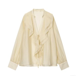Women's Elegant V-Neck Ruffle Blouse Long Sleeve Tie-Front Solid Color Polyester Spandex Blended Top For Casual Office Dating Sweet Style Cream Yellow Shirt