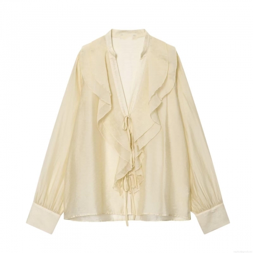 Women's Elegant V-Neck Ruffle Blouse Long Sleeve Tie-Front Solid Color Polyester Spandex Blended Top For Casual Office Dating Sweet Style Cream Yellow Shirt