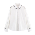 Women's Fashion Contrast Trim Poplin Shirt Elegant Long Sleeve Lapel Button Down Blouse Casual Office Commute White Top