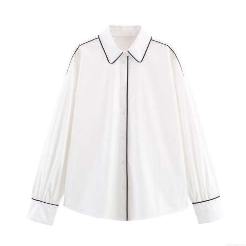 Women's Fashion Contrast Trim Poplin Shirt Elegant Long Sleeve Lapel Button Down Blouse Casual Office Commute White Top