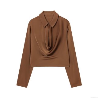 Women's Elegant Satin Silk Texture Lapel Long Sleeve Blouse Cowl Neck Drape Solid Color Shirt For Office Commute Autumn Winter Women Tops