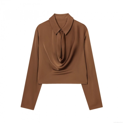 Women's Elegant Satin Silk Texture Lapel Long Sleeve Blouse Cowl Neck Drape Solid Color Shirt For Office Commute Autumn Winter Women Tops