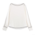 Elegant Women's Contrast Trim Off-The-Shoulder Blouse Long Sleeve Polyester Spandex Splicing Shirt Minimalist Casual Chic Top For Daily Commute Office Wear