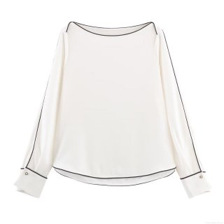 Elegant Women's Contrast Trim Off-The-Shoulder Blouse Long Sleeve Polyester Spandex Splicing Shirt Minimalist Casual Chic Top For Daily Commute Office Wear