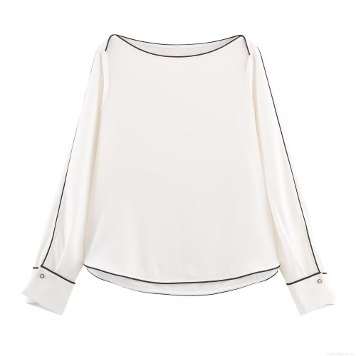 Elegant Women's Contrast Trim Off-The-Shoulder Blouse Long Sleeve Polyester Spandex Splicing Shirt Minimalist Casual Chic Top For Daily Commute Office Wear