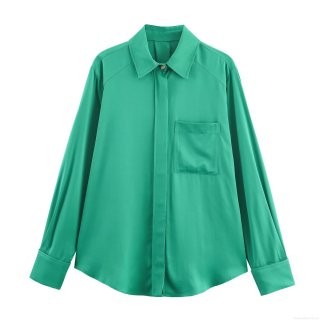 Women's Casual Satin Texture Blouse Long Sleeve Button Down Shirt With Pocket Loose Fit Lapel Collar Top For Daily Wear