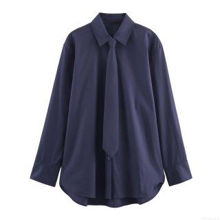 Women's Long Sleeve Poplin Shirt With Necktie Casual Loose Turn Down Collar Button Down Blouse Solid Color Office Work Minimalist Fashion Top For Women