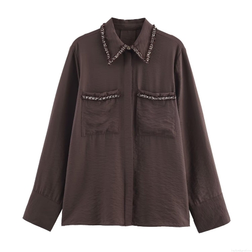 Women's Satin Texture Long Sleeve Shirt With Contrast Trim Elegant Pocket Loose Blouse Casual Polyester Office Top