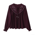 Women's Vintage Deep Wine Red Blouse With Large Embroidery Beaded Collar Loose Fit Long Sleeve Tie Neck Ruffle Cuff Crinkle Texture Shirt Top